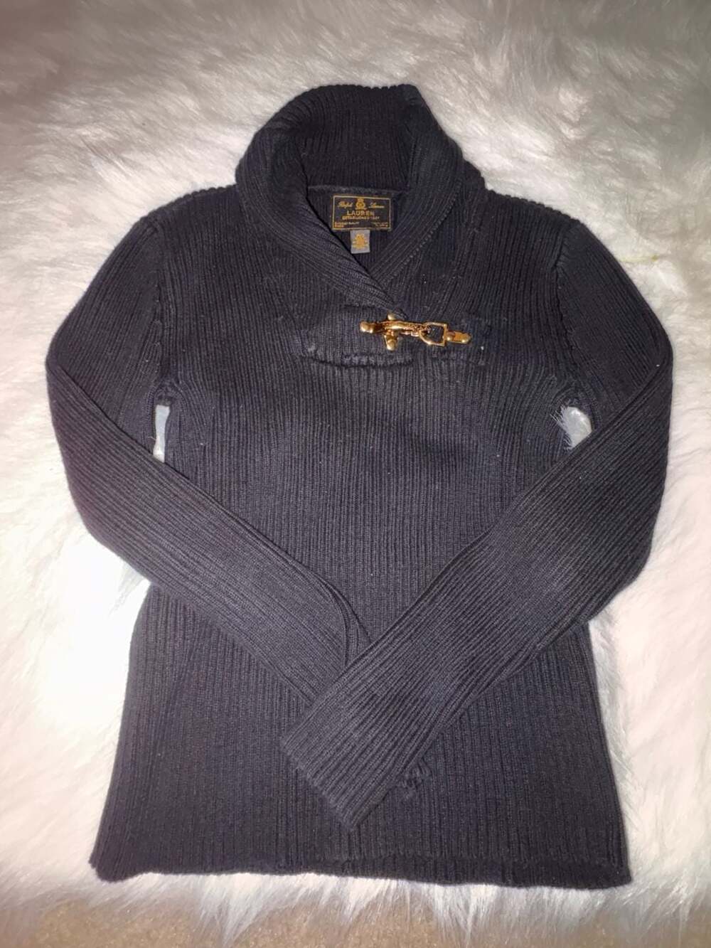 Ralph Lauren  Black Label Shawl Collar Ribbed Knit Sweater with Gold Toggle Clos